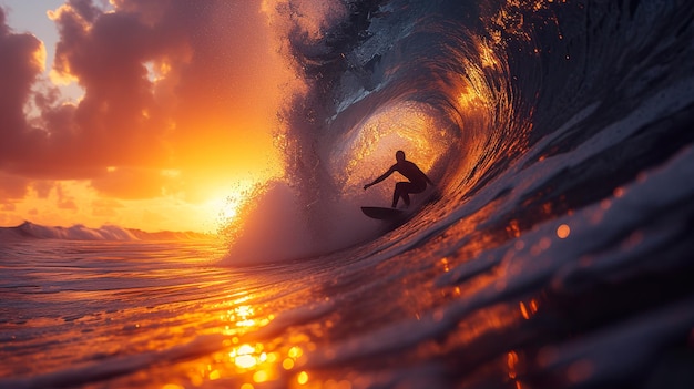 A surf boarder is riding a wave in front of the Sun