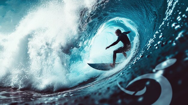 A surf boarder is riding a wave in front of the Sun