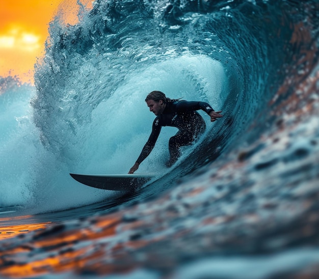 A surf boarder is riding a wave in front of the Sun