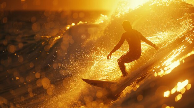 Surf enthusiast in silhouette against a vivid sunset on tranquil sea