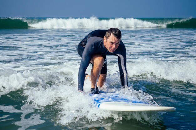 Surf instructor showing how riding on big waves in Goa India