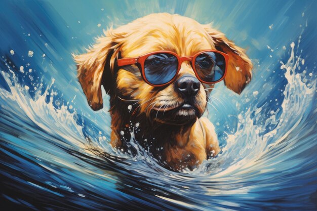 写真 surf's up pawsome サングラスをかけたサーファー犬と一緒に波をキャッチ