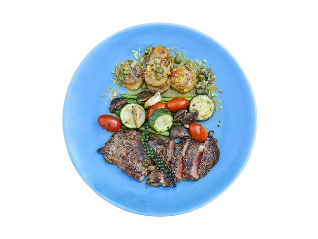 Photo surf and turfplate with beef and scallop on white background