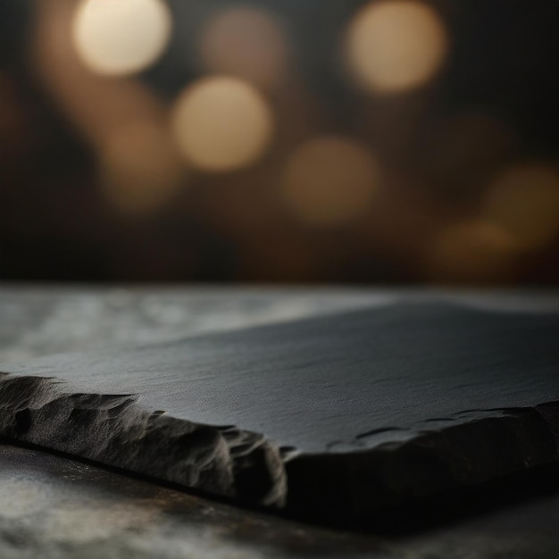 Surface black stone cutting board on a blurred background Ai Generated