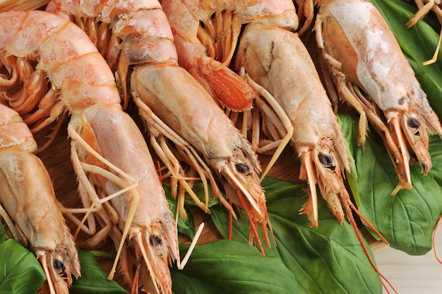 surface of the large prawns and Basil leaves