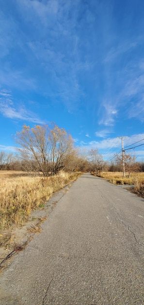 写真 青い空の背景にある風景の中の道路の表面レベル