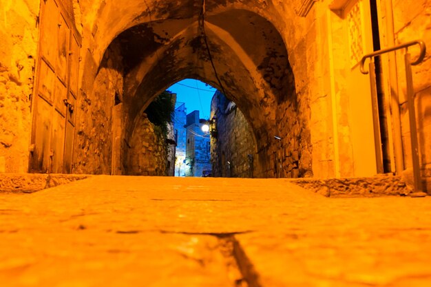 Surface level of old alley amidst buildings