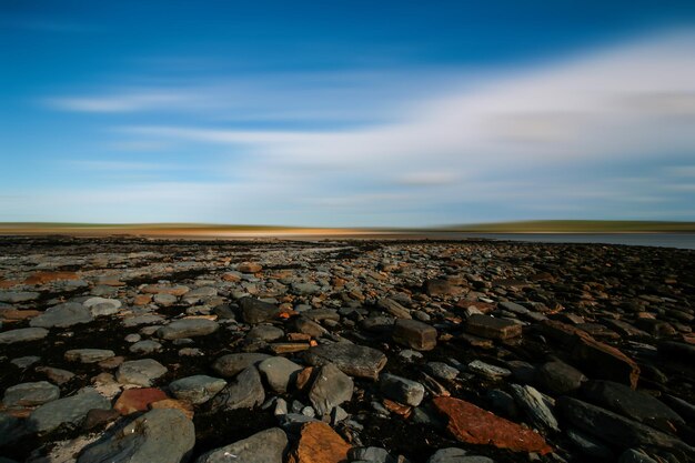 Surface level of pebbles on land against sky