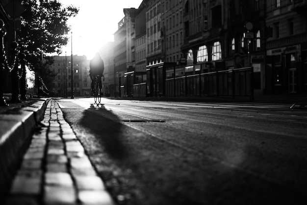 surface level of silhouette person riding bicycle on street