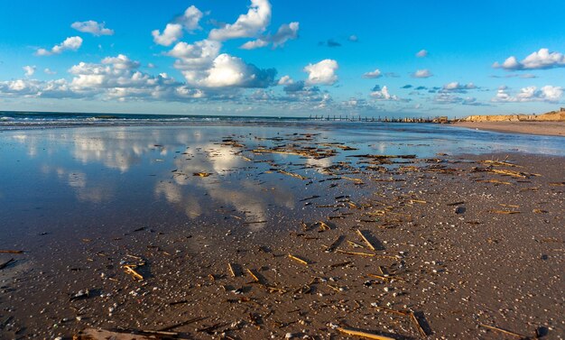 Surface level of wet sand on beach against sky