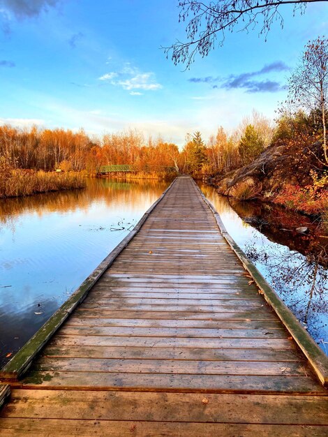 Surface level of wooden walkway by lake against sky