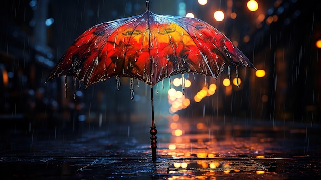 Поверхность радужного зонтика с каплями дождя на нем Generative Ai