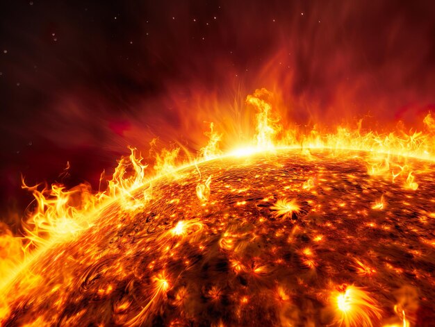 Photo surface of the sun with flames and heat