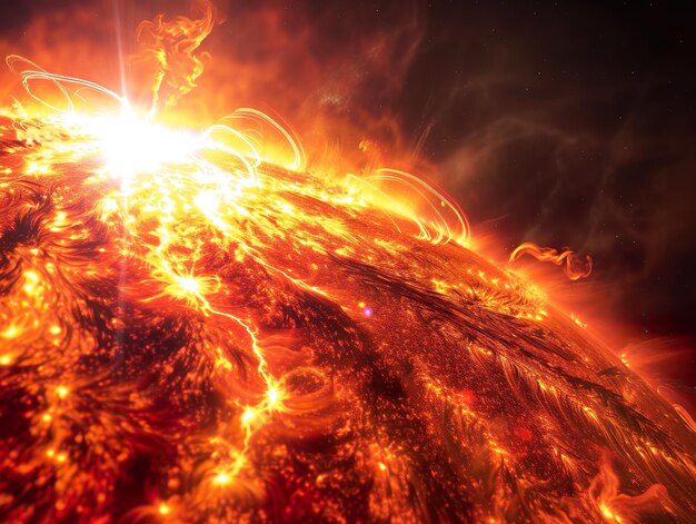 Photo surface of the sun with flames and heat