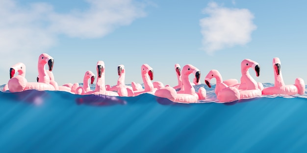 Surface and underwater view of flamingo floats on the sea