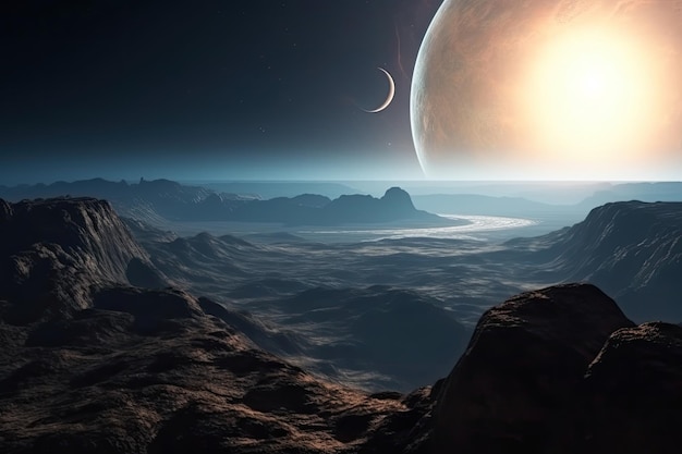 Surface of unknown planet with craters and mountains Generative AI