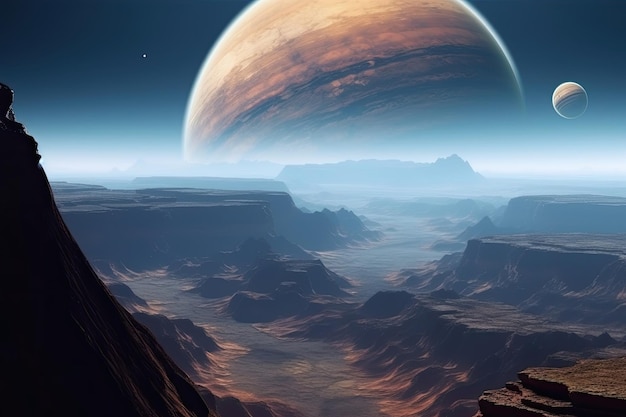 surface of unknown planet with craters and mountains generative ai