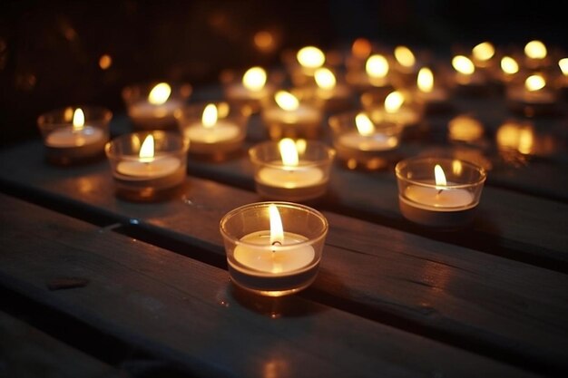 Surface with tea light candles shines in the dark