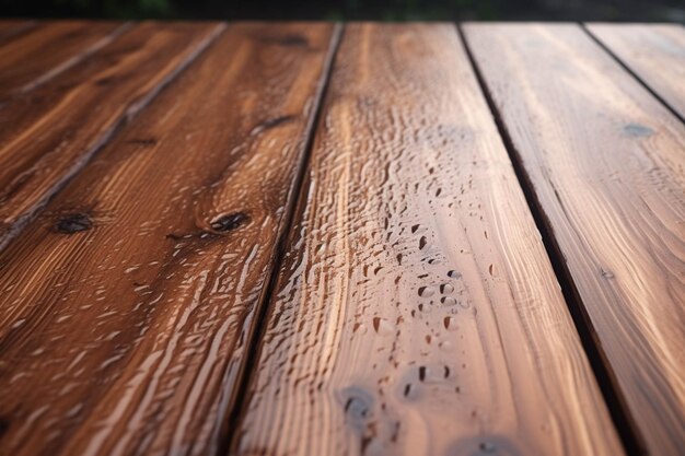 Photo the surface of a wooden table in wet rainy