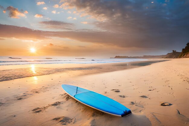 A surfboard on a beach with the sun setting behind it