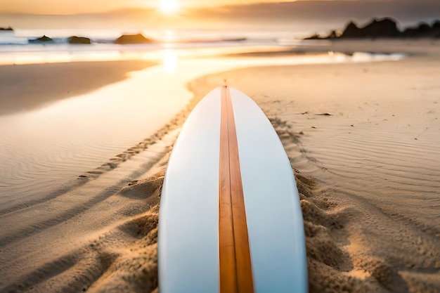 Photo a surfboard on a beach with the sun setting behind it