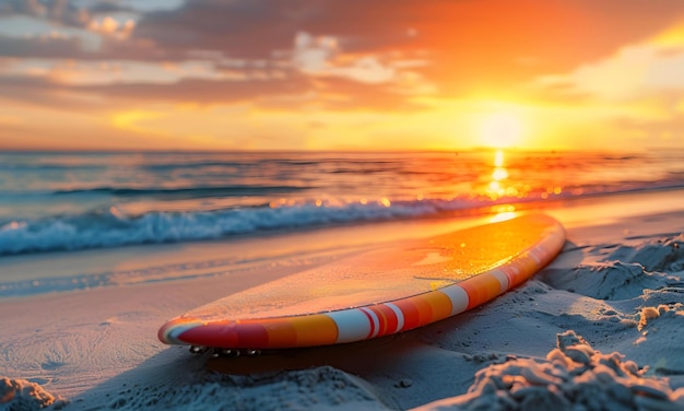 Foto tabella da surf sulla spiaggia con lo sfondo del mare al tramonto
