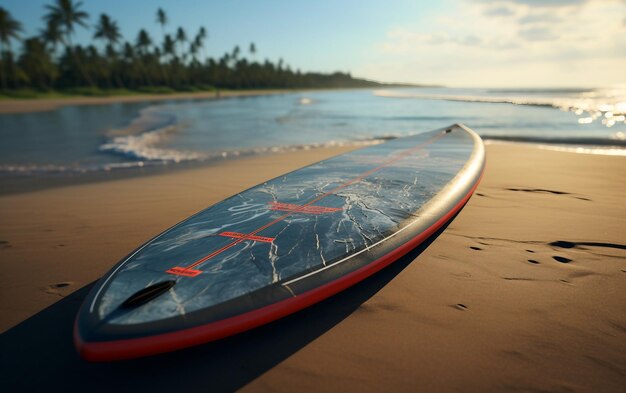 Photo a surfboard is laying on the sand with the ocean in the background