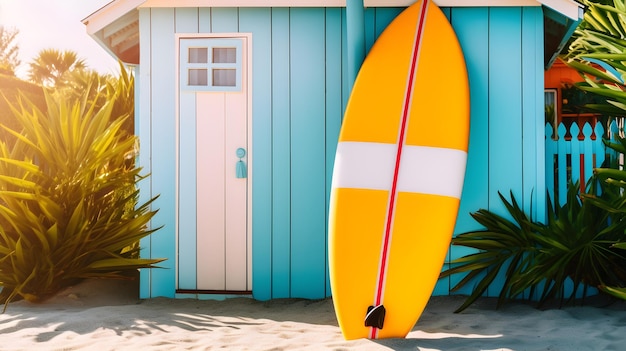 A surfboard is leaning against a blue house.
