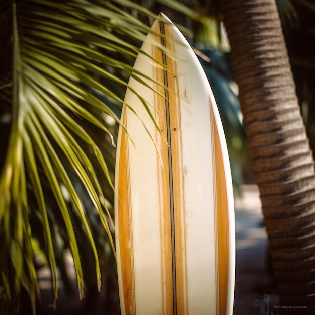 Foto una tavola da surf è appoggiata a un albero e la palma è appoggiata contro di essa.