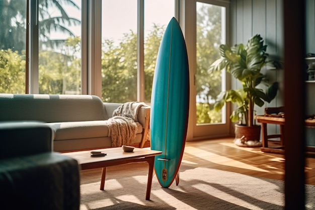 Foto a surfboard is placed on a coffee table in a room with a couch and a coffee table