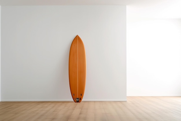 A surfboard is standing against a white wall.