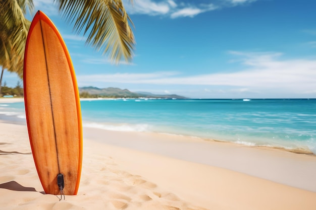 A surfboard leaning against a palm tree on a beautiful beach