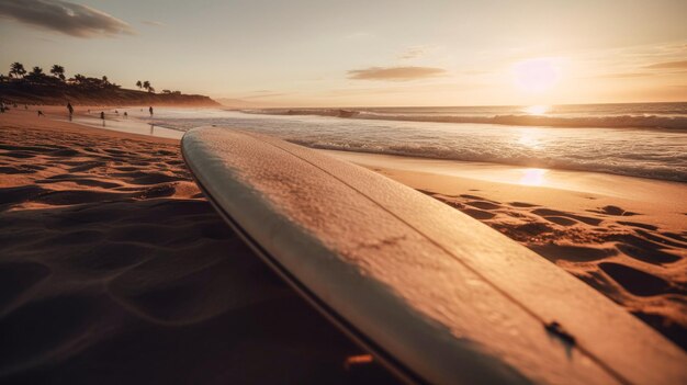 Foto surfboard ligt op het zand van het strand gecreëerd met ai