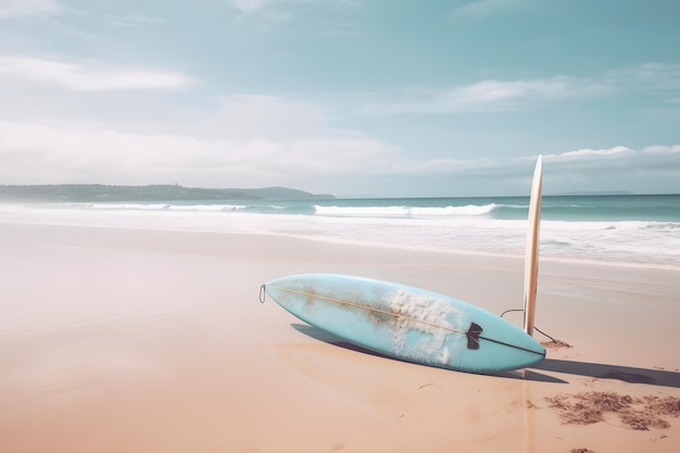 Surfboard on long sandy deserted ocean beach