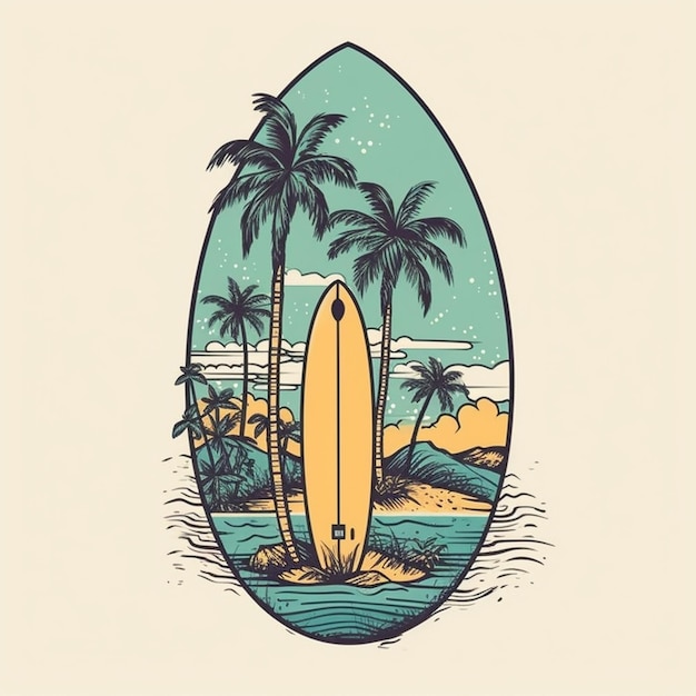 写真 パームの木のある島のサーフボード
