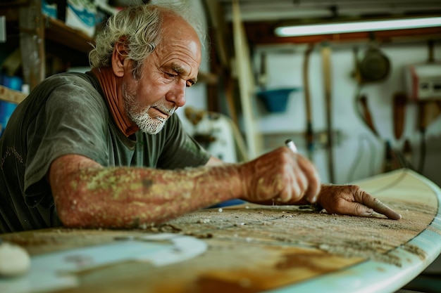 A surfboard repair technician fixing a damaged surfboard fin highlighting surfboard fin repair skills