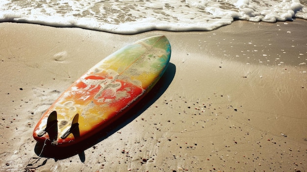 写真 太陽が地平線を越えて沈むとビーチに休むサーフボード