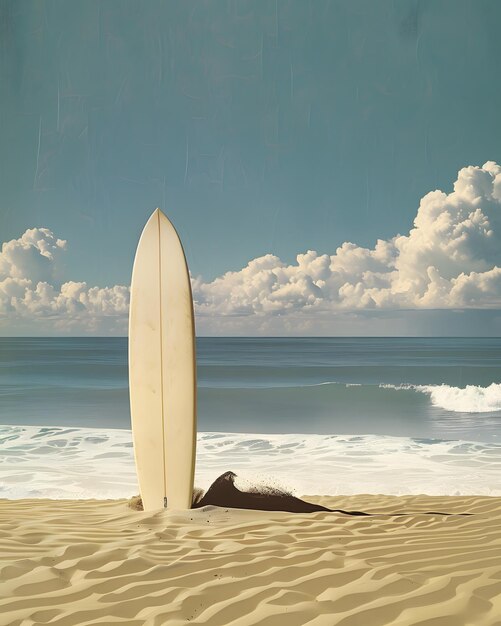 A surfboard rests on sandy shore by ocean under cloudy sky