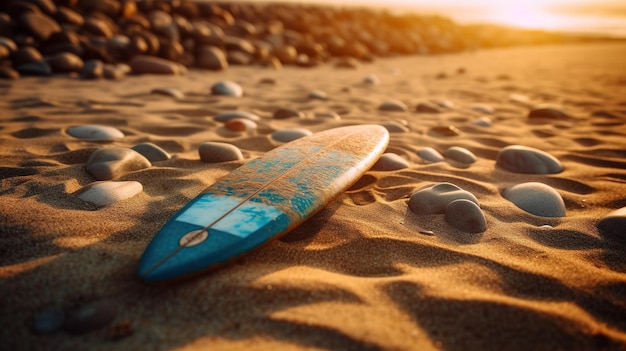 A surfboard on sand at the beach