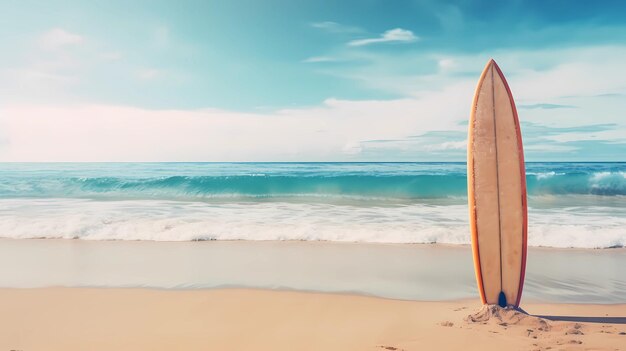 Photo surfboard on sand tropical beach with seascape calm sea