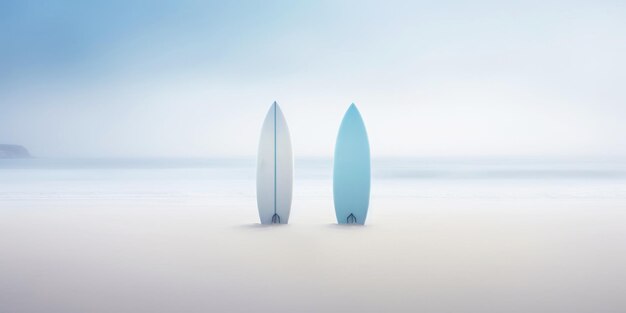 Surfboard staan in een wit strand zand op een zeekust Witte mist eenzaamheid concept Generatieve AI