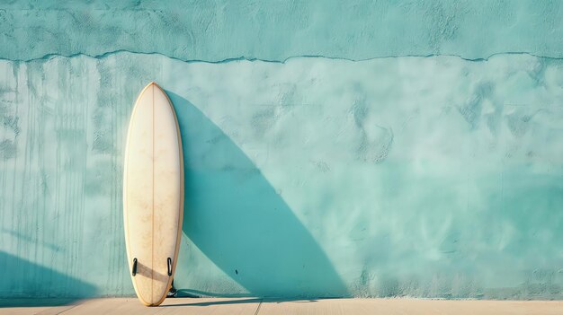 Foto una tavola da surf si trova appoggiata a una parete blu la tavola di surf è gialla e bianca la parete è dipinta di un colore blu chiaro