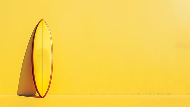 Foto una tavola da surf è appoggiata contro un solido muro giallo che getta un'ombra