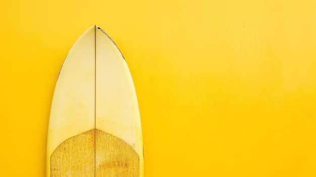A surfboard stands propped against a solid yellow wall in this bright and sunny image The surfboard is yellow and white