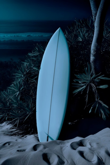 Доска для серфинга застряла в пляжном песке, созданном с помощью ИИ