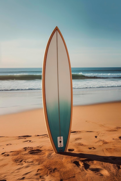 A surfboard stuck in the sand on a beach Generative AI
