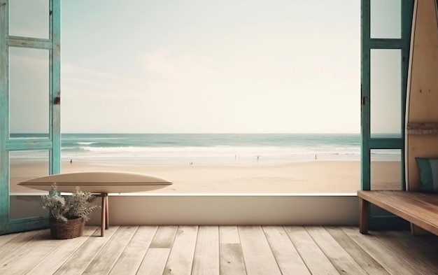 A surfboard on a table in a room with a beach view