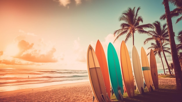 Surfboards on a beach with palm trees in the background