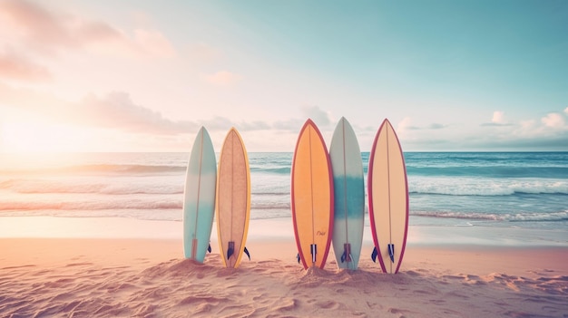 Доски для серфинга на пляже на фоне заката