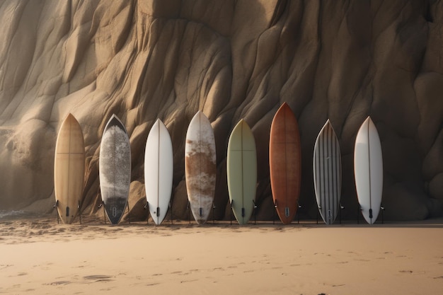 Foto surfboards gerangschikt voor een blauwe rots.
